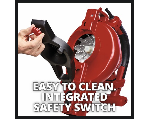 Roter Laubsauger mit Reinigungsfunktion und Sicherheitsschalter