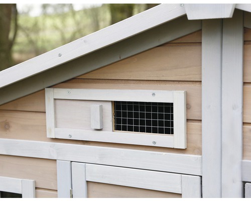 Detailansicht eines Hühnerstalls mit Fenstergitter