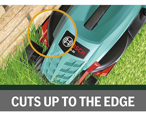 Detailansicht eines Rasenmähers beim Kantenschneiden.