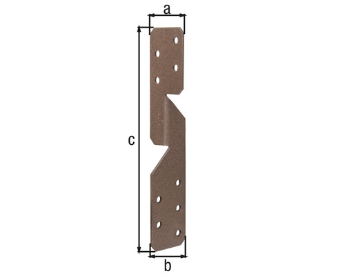 Holzverbinder mit Löchern und den Bezeichnungen a, b und c