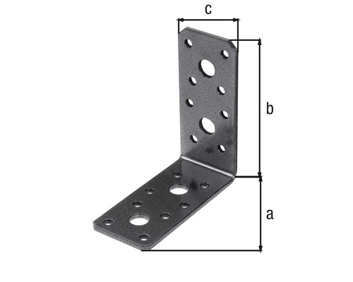 Winkelverbinder mit Bohrlöchern und Maßangaben a, b, c
