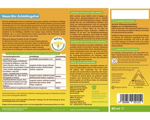 Informationen zu Solabiol Neem Bio Schädlingsfrei mit Anwendungsbereichen, Umwelthinweisen, Sicherheitsvorkehrungen und Logos.