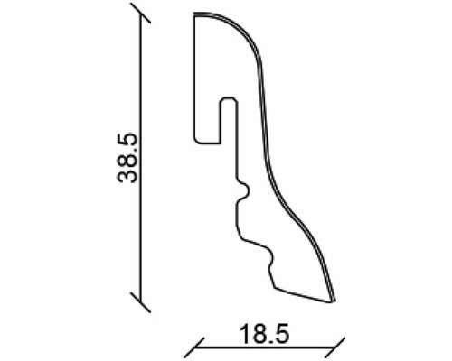 Detailzeichnung einer Sockelleiste mit den Maßen 38,5 mal 18,5 Millimeter