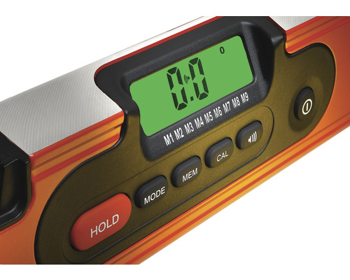 Digitale Wasserwaage Nahansicht der Anzeige und Bedienelemente