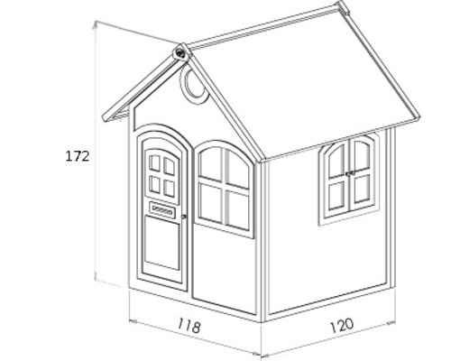 Illustration eines Spielhauses mit den Maßen 172 cm Höhe, 118 cm und 120 cm Breite.