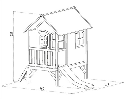 Technische Zeichnung eines Spielhauses mit Rutsche und den Maßen 229 cm Höhe, 262 cm Breite und 172 cm Tiefe.