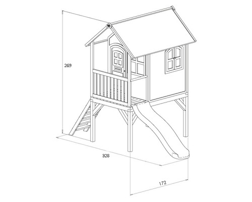 Technische Zeichnung eines Spielhauses mit Rutsche und den Maßen 269, 328 und 172.