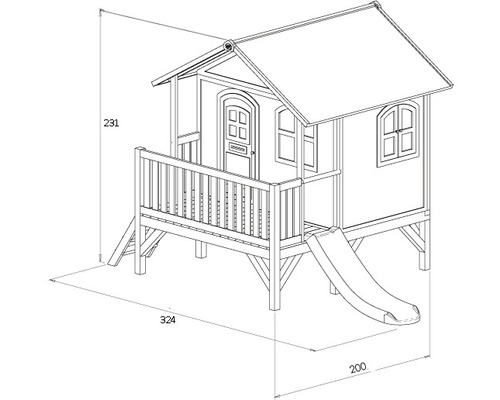 Illustration eines Spielhauses aus Holz mit Rutsche und Maßen