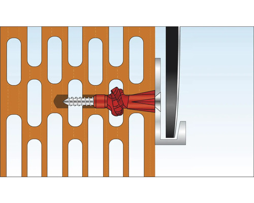Befestigung einer Schraube mit Dübel in einem Lochstein.