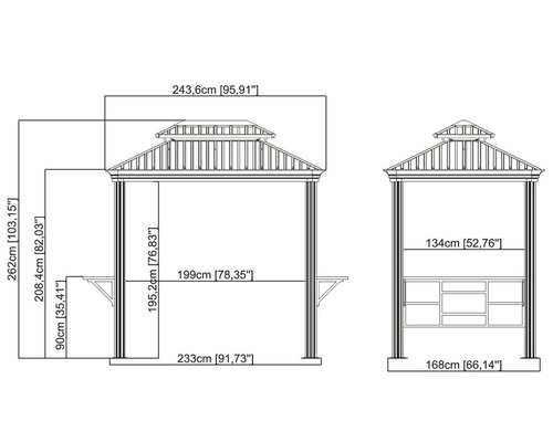 Maßzeichnung eines Pavillons mit detaillierten Abmessungen