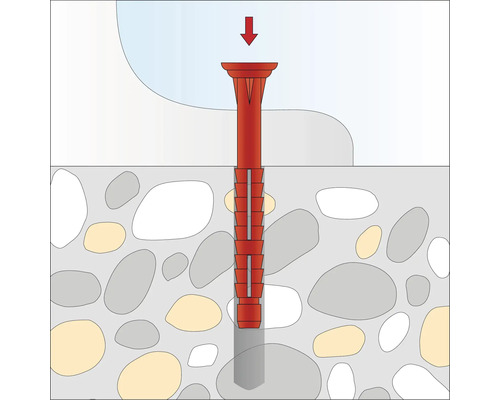 Illustration eines Dübels in einer Wand mit rotem Pfeil nach unten