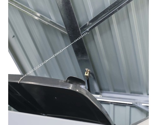 Detailansicht eines Gerätehauses mit geöffnetem Deckel und Gasdruckfeder