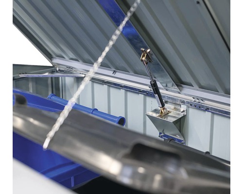 Detailansicht des geöffneten Deckels einer Mülltonnenbox mit Gasdruckfeder