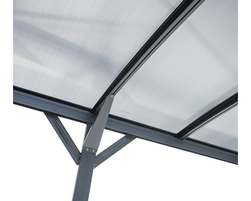 Detailansicht eines Pavillondaches mit Polycarbonatplatten und Rahmen