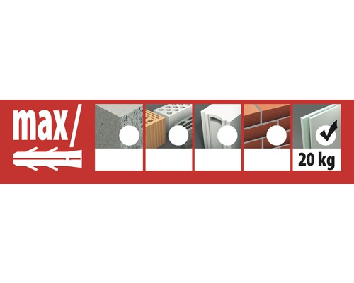 Geeignet für Beton, Ziegel, Hohlblocksteine, Kalksandstein und Porenbeton mit einer maximalen Belastung von 20 Kilogramm