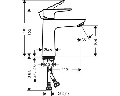 Technische Zeichnung einer Armatur mit Maßangaben.