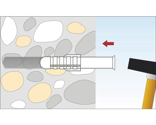 Illustration eines Dübels, der mit einem Hammer in eine Wand eingeschlagen wird