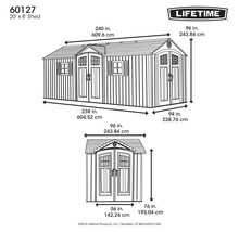 Abbildung der Maße eines Gerätehauses von Lifetime, 609,6 cm breit und 243,84 cm hoch.