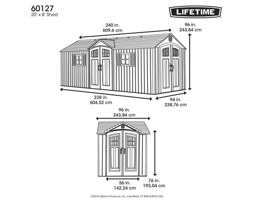 Abbildung der Maße eines Gerätehauses von Lifetime, 609,6 cm breit und 243,84 cm hoch.