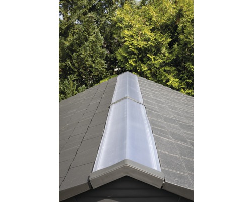 Detailansicht eines Gartenhausdachs mit Lichtband