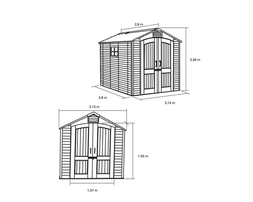 Abbildung eines Gartenhauses mit Maßangaben
