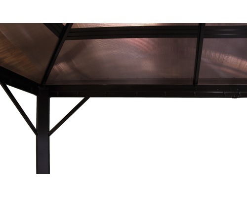 Detailansicht eines Pavillons mit Polycarbonatdach und Stützpfosten