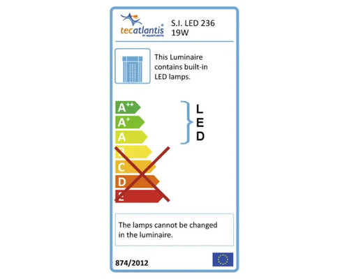 Tecatlantis Logo. Energieeffizienzlabel mit LED Kennzeichnung und dem Hinweis, dass die Lampen in der Leuchte nicht ausgetauscht werden können.