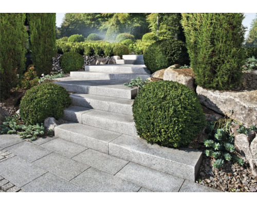Treppe aus Naturstein in Gartenanlage mit Pflanzen
