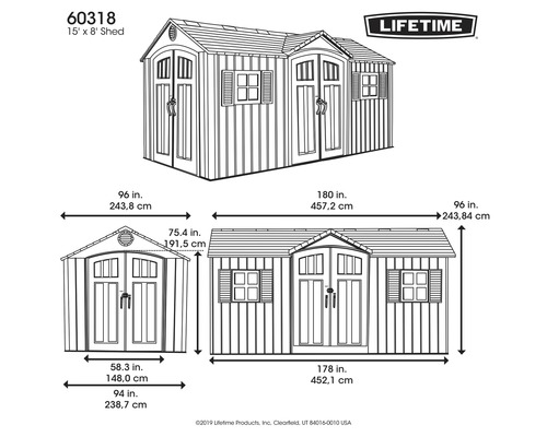 Abbildung eines Gartenhauses mit Maßangaben und Lifetime Logo