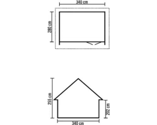 Grundriss und Ansicht eines Gartenhauses mit Maßangaben
