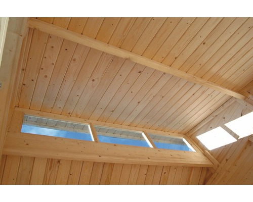Innenansicht einer Holzsauna mit Deckenverkleidung und Fenstern