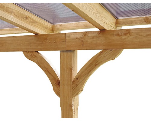 Detailansicht einer Holzkonstruktion mit Träger und durchsichtigem Dach