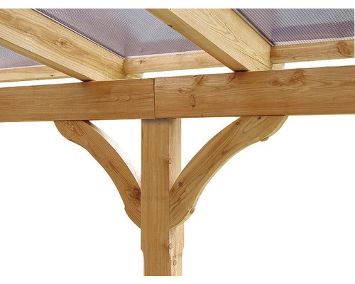 Detailansicht einer Holzkonstruktion mit Trägern und durchsichtigem Dach