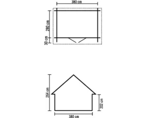 Grundriss und Aufriss eines Gartenhauses mit Maßangaben