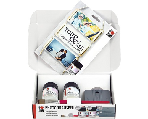 Marabu Foto Transfer Set in geöffneter Verpackung mit Transfermedium, Aqua Lack, Pinsel und Rakel