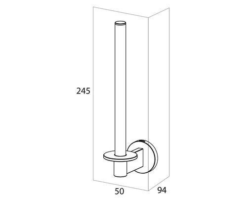 Skizze eines Toilettenpapierhalters mit Maßen.