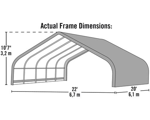 Schematische Darstellung eines Carports mit den Maßen 6,7 Meter Länge, 6,1 Meter Tiefe und 3,2 Meter Höhe.