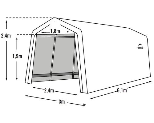 Technische Zeichnung eines ShelterLogic Lagerzelts mit Maßangaben