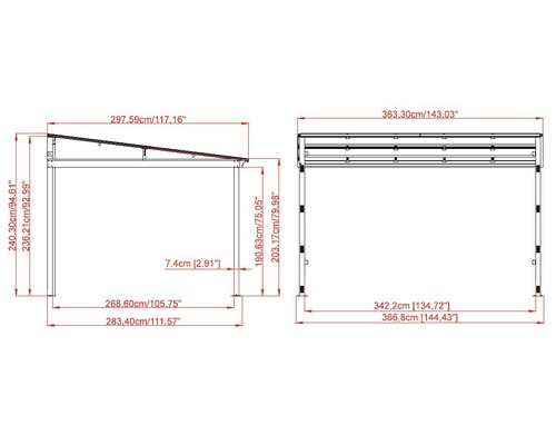 Technische Zeichnung eines Pavillons mit Maßangaben in Zentimetern