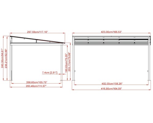 Technische Zeichnung eines Pavillons mit Maßangaben