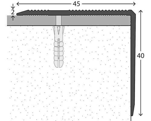 Illustration eines Treppenkantenprofils mit den Maßen 45 mal 40 Millimeter.