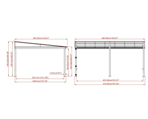 Technische Zeichnung eines Pavillons mit Maßangaben