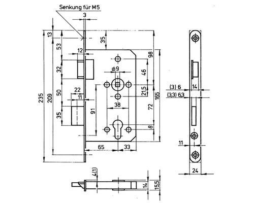 Technische Zeichnung eines Schlosses mit Maßangaben.
