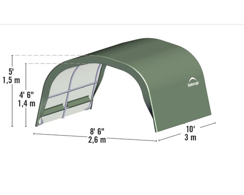 Abmessungen einer ShelterLogic Überdachung: 1,5 Meter hoch, 2,6 Meter breit und 3 Meter tief