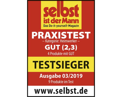 Selbst ist der Mann logo with Praxis Test Test Winner seal.