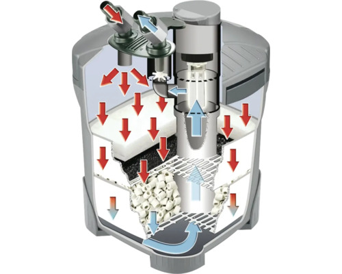 Schnittansicht eines Aquarienfilters, der die Wasserflussrichtung durch verschiedene Filtermedien zeigt