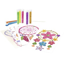 Glitzer-Malschablonen mit Motiven von Traumfängern, inklusive Glitzerstaub und Werkzeug.