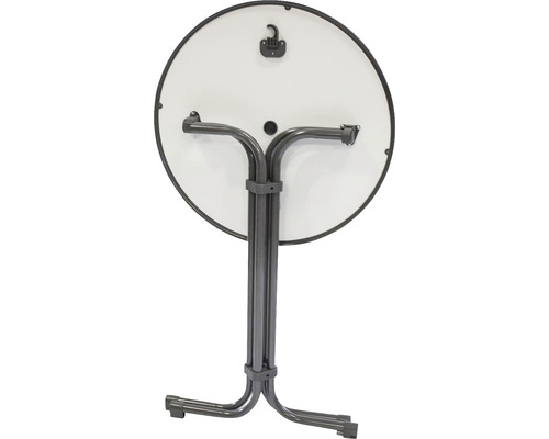 Runder Klapptisch mit Metallgestell von unten