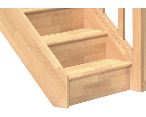 Detailaufnahme einer Holztreppe mit Geländer.