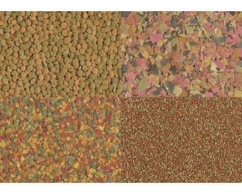 Nahaufnahme von Fischfutter in Flocken- und Pelletform